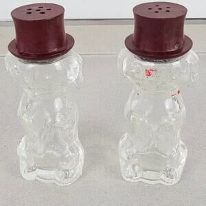 VTG pair glass salt and pepper shakers dogs in top hats